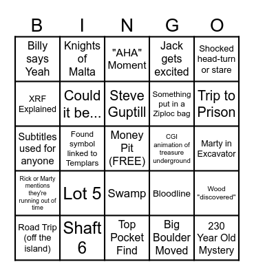 S12E23 Curse of Oak Island 5.6.25 Bingo Card