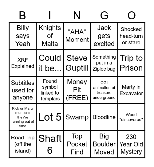 S12E23 Curse of Oak Island 5.6.25 Bingo Card