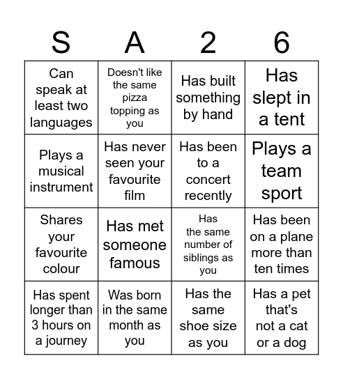 Team Building Bingo Card