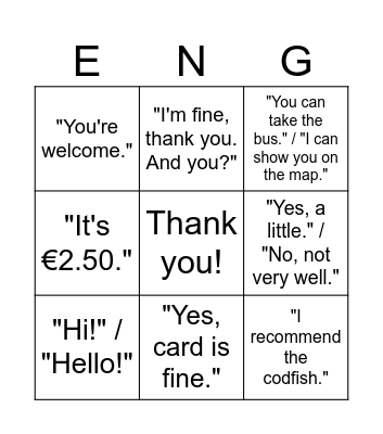 English Bingo Card
