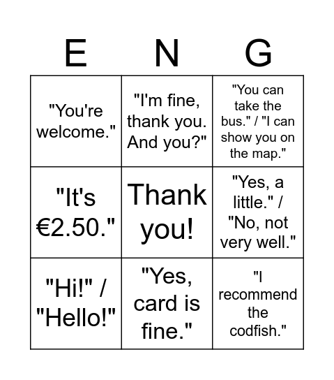 English Bingo Card