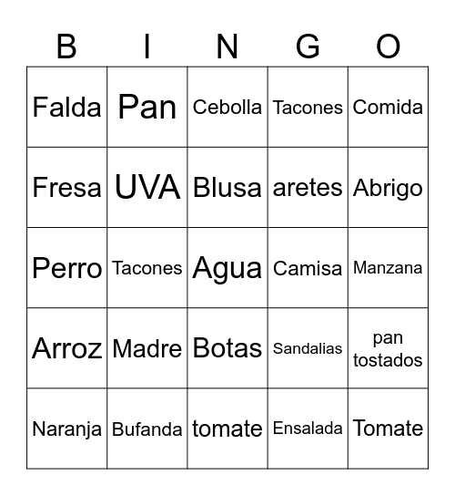 Spanish Nouns Bingo Card