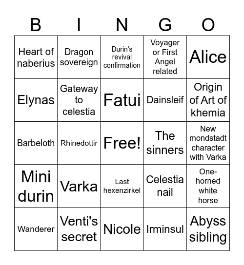 Genshin 5.6 Archon Quest Bingo Card