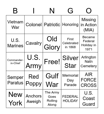Memorial Day Bingo Card