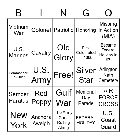 Memorial Day Bingo Card