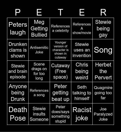 Family guy Bingo Card