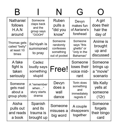 Day Away Bingo Card
