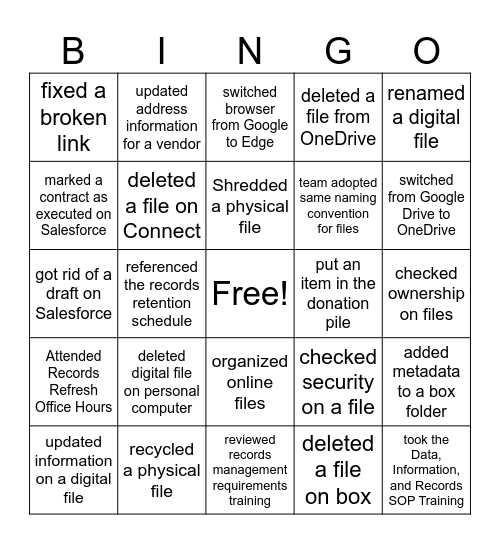Records Refresh Month Bingo Card