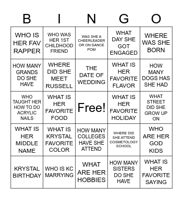 KRYSTAL'S BRIDAL SHOWER Bingo Card