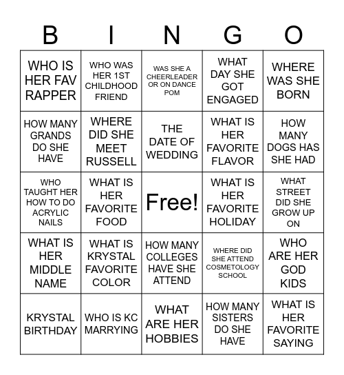 KRYSTAL'S BRIDAL SHOWER Bingo Card