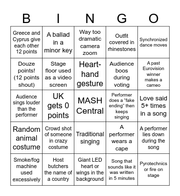 Eurovision in MASH Bingo Card