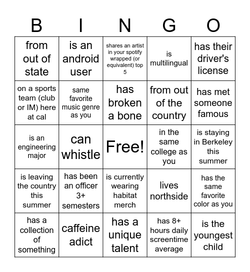 Officer Bingo Card