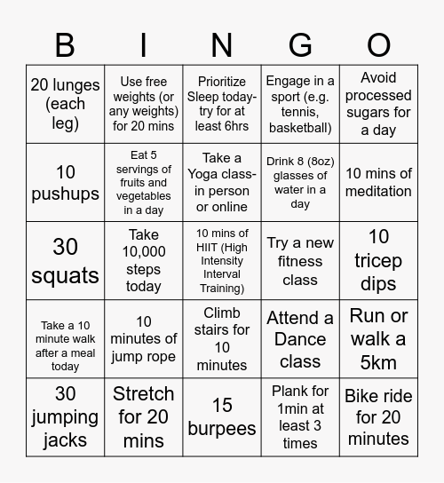 Wellness Program Fitness Challenge Bingo Card