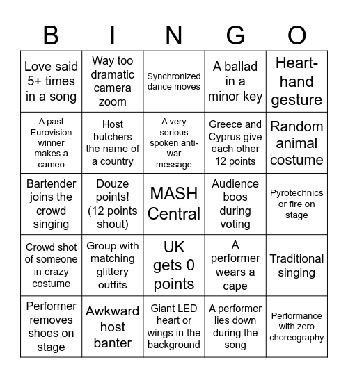 Eurovision in MASH Bingo Card