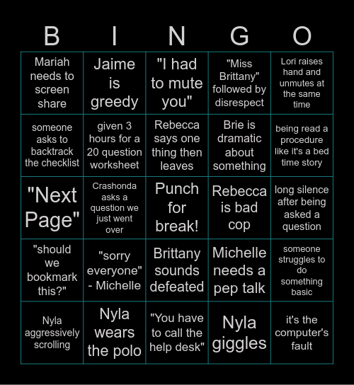 Training Bingo Card