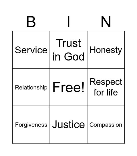 JESUS' VALUES Bingo Card