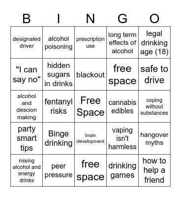 Drugs and Alcohol Bingo Card