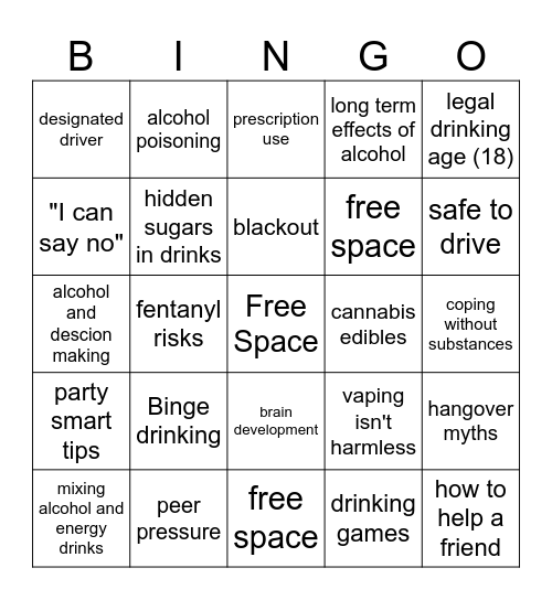 Drugs and Alcohol Bingo Card