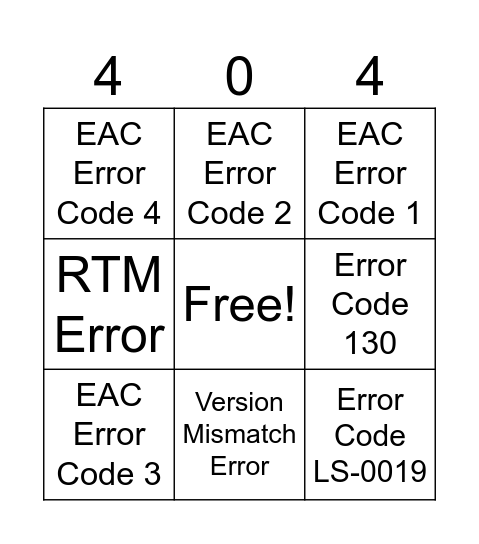 Pixel's Error Bingo Card