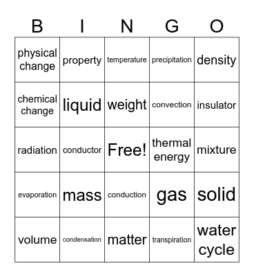 Properties of Matter Bingo Card