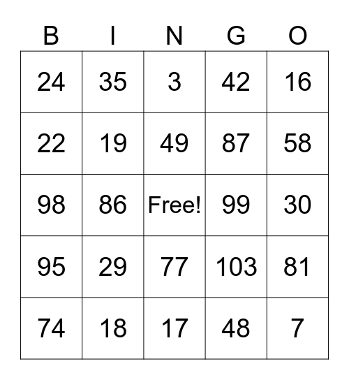Number 1-100 Bingo Card