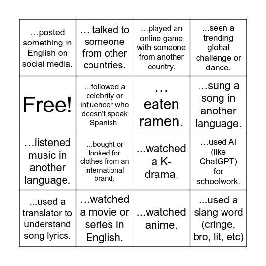 Have you ever? Bingo Card