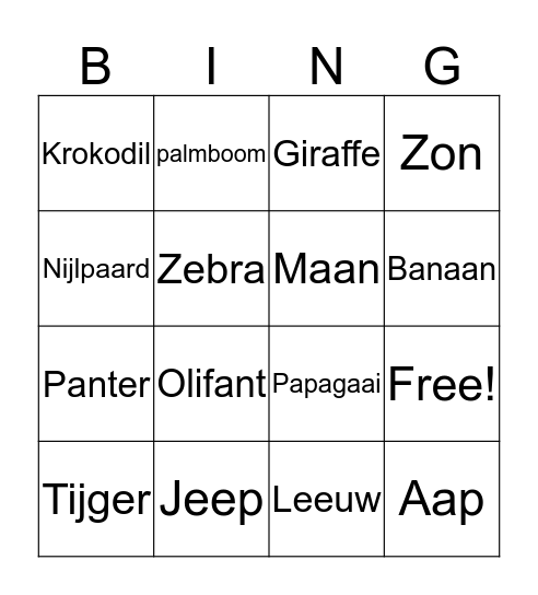 Safari bingo Card