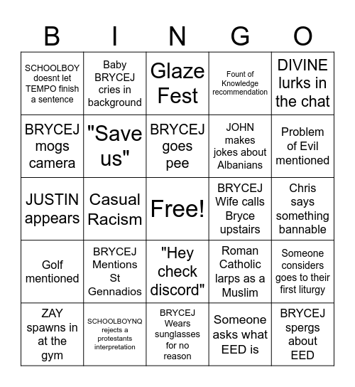 BRYCEJ BINGO CARD Bingo Card