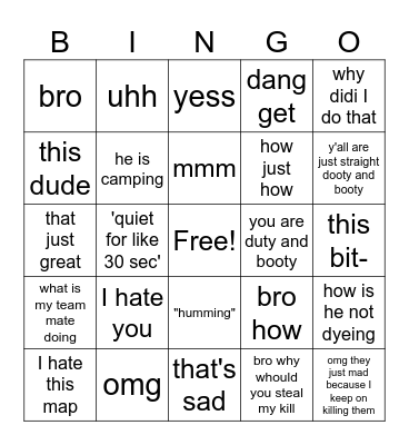 Ava's call of duty sayin Bingo Card