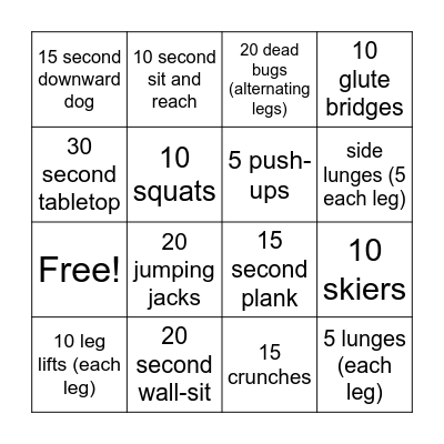 Exercise Bingo Card