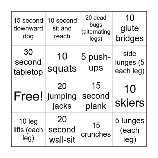Exercise Bingo Card
