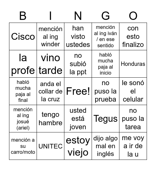 Ing Carlos Bingo V2 Bingo Card