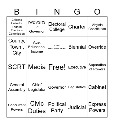 Civics Review Bingo Card
