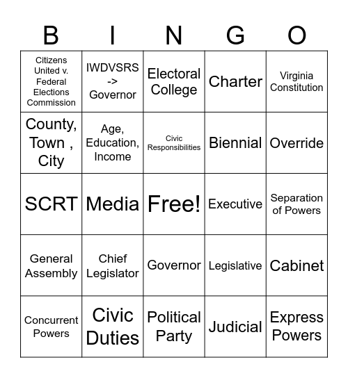 Civics Review Bingo Card
