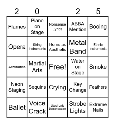EUROVISION Bingo Card