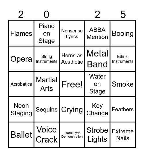 EUROVISION Bingo Card