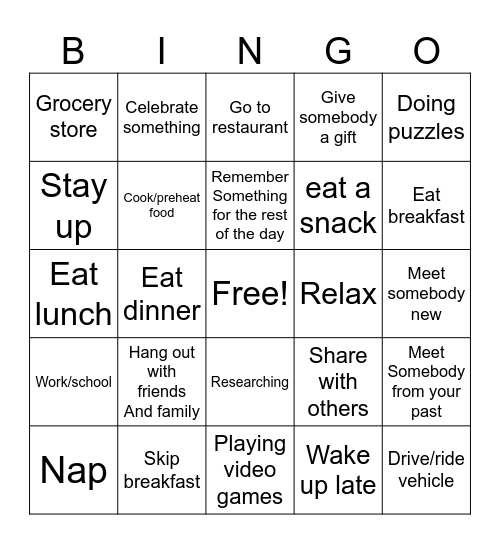 Daily activities Bingo game Bingo Card