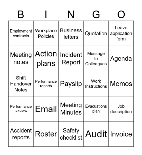Activity: Document Bingo Card