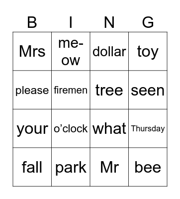 Heart words bingo Stage 6 Bingo Card