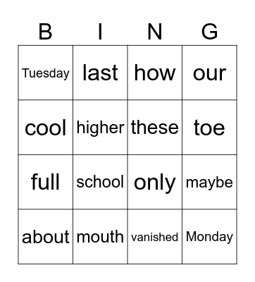Stage 7.1 Heart Words Bingo Card