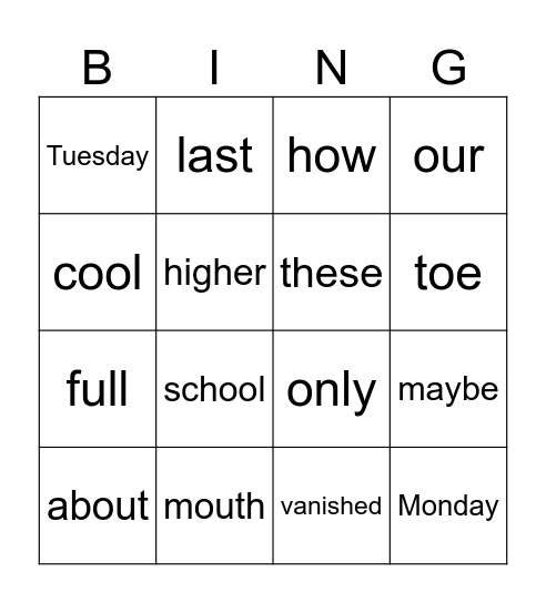 Stage 7.1 Heart Words Bingo Card