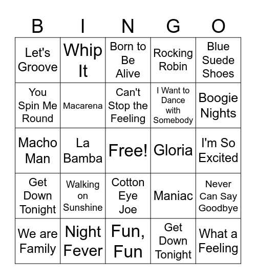 Dance Party Bingo Card