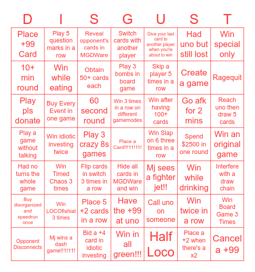 Uno Disgust Bingo Card