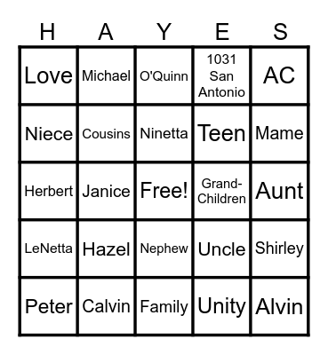 Family Bingo Card