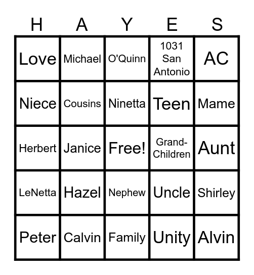Family Bingo Card