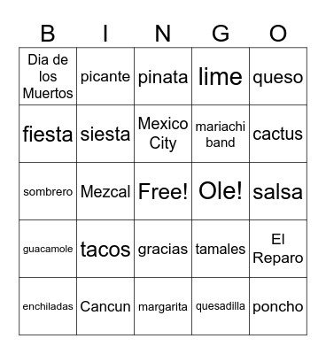 Cinco de Mayo Bingo Card