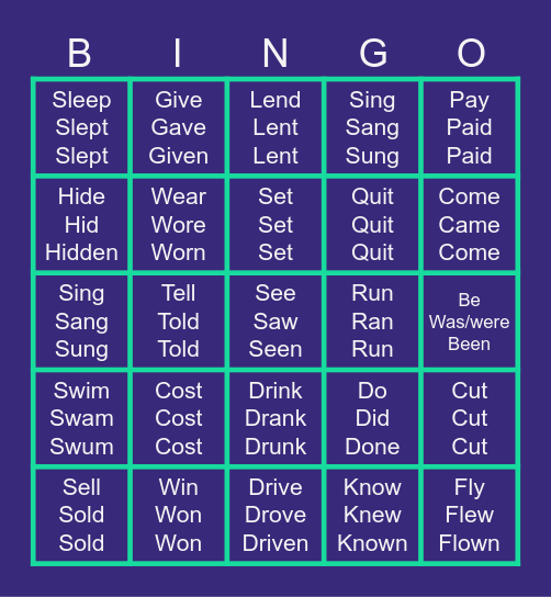 WINGS 2025: Irregular Verbs Bingo Card
