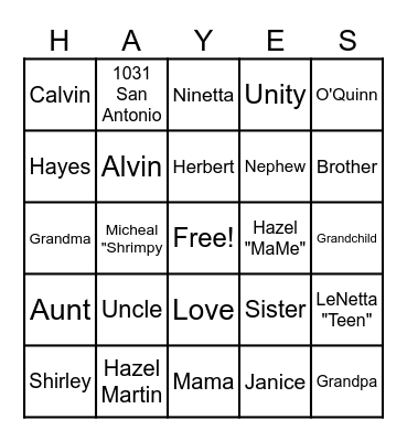 Family Bingo Card