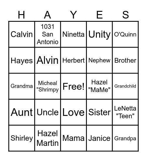 Family Bingo Card