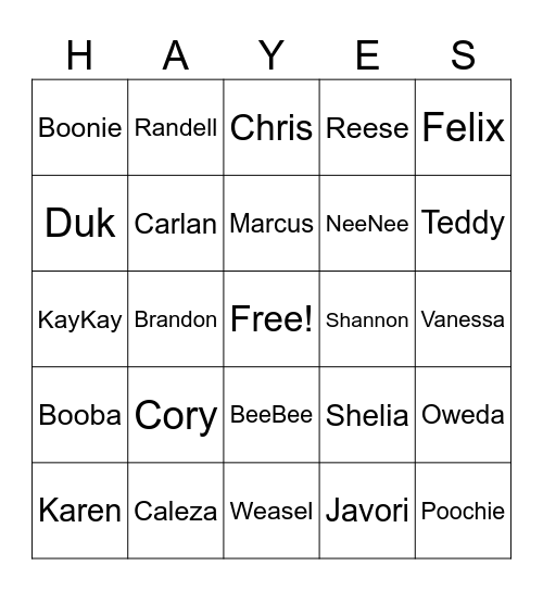 Cousins Bingo Card